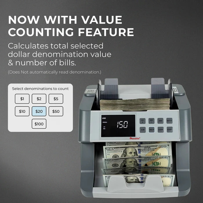Cassida CRS 6200 ValuCount feature infographic with denomination selector showing $1 through $100 bill value calculation