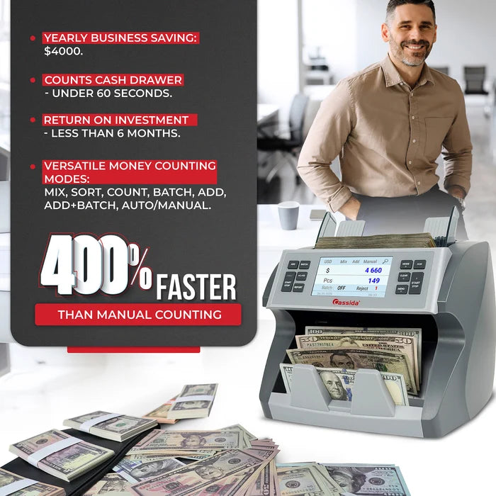 Cassida CRS 7500 counts 400% faster than manual with Mix, Sort, Count, Add, Batch, Add+Batch, and Auto/Manual modes