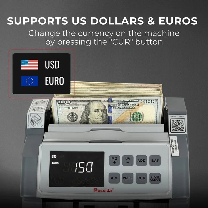 Cassida CRS 1000 close-up showing the LED display and control panel with USD and Euro currency selection callouts