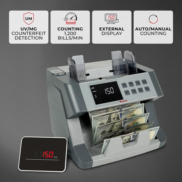 Cassida CRS 6200 feature badges with counterfeit detection, 1,200 bills per minute, external display, and auto manual counting