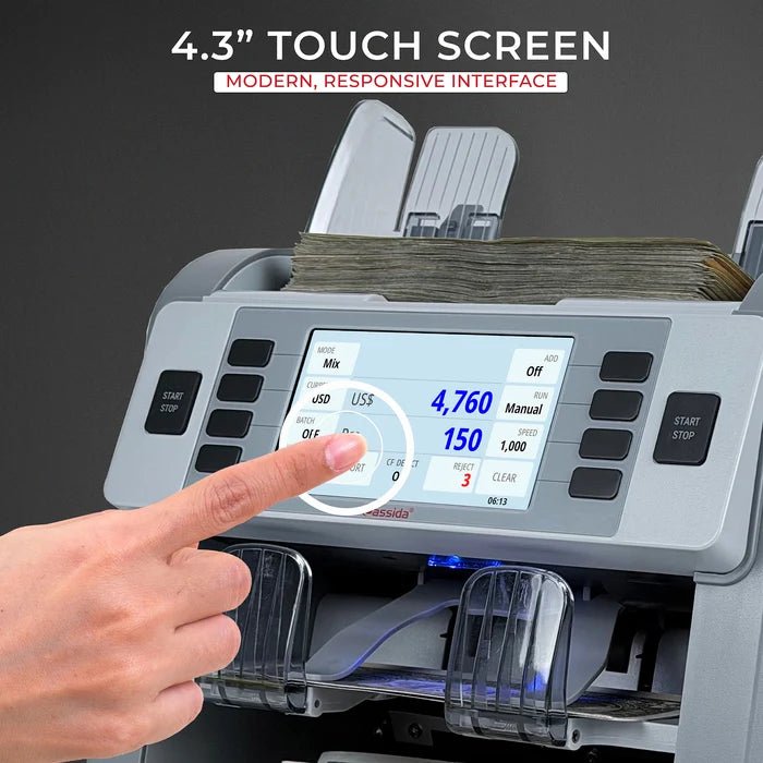 Cassida CRS 9500 4.3-inch TFT touch screen with modern responsive interface and finger touching the display