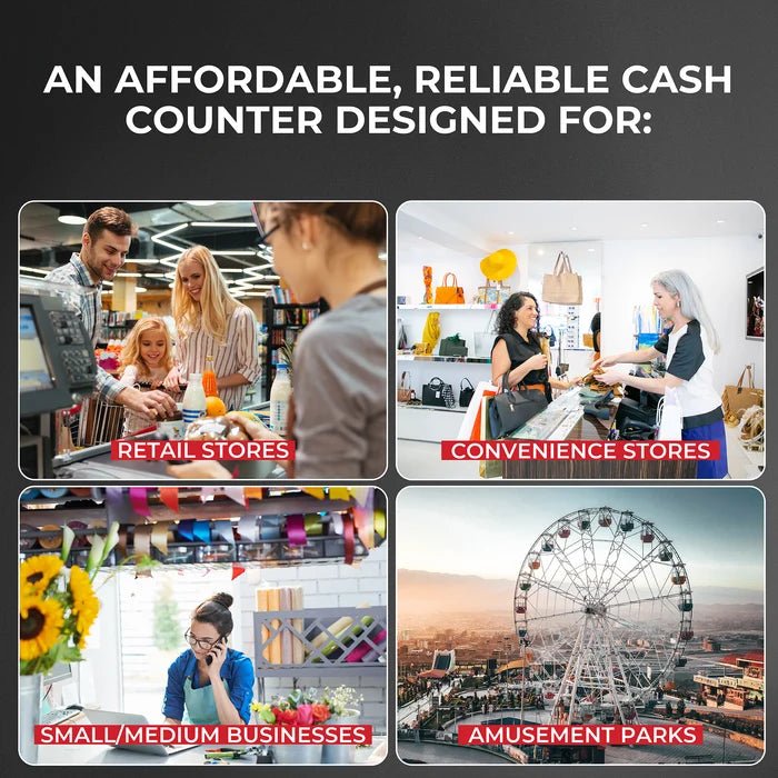 Cassida CRS 1000 applications infographic for retail stores, convenience stores, small businesses, and amusement parks
