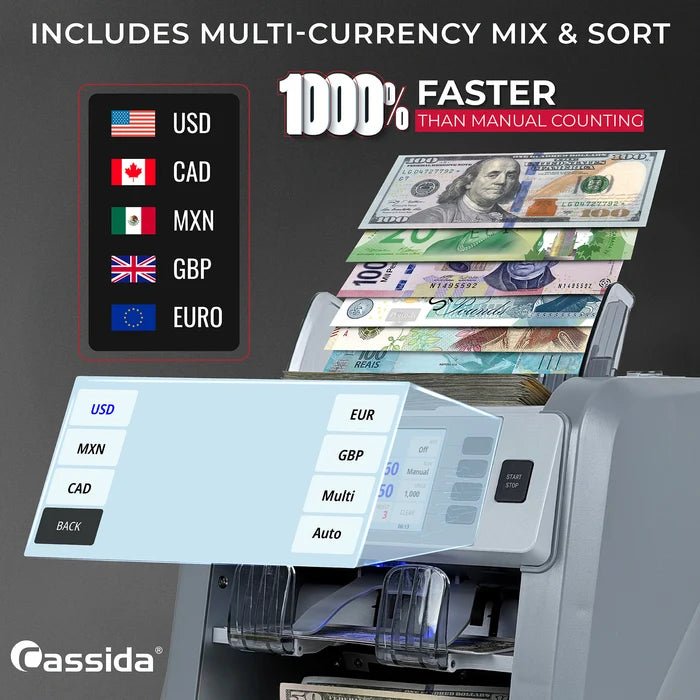 Cassida CRS 9500 multi-currency mix and sort for USD, CAD, MXN, GBP, and euro banknotes with touch screen selector