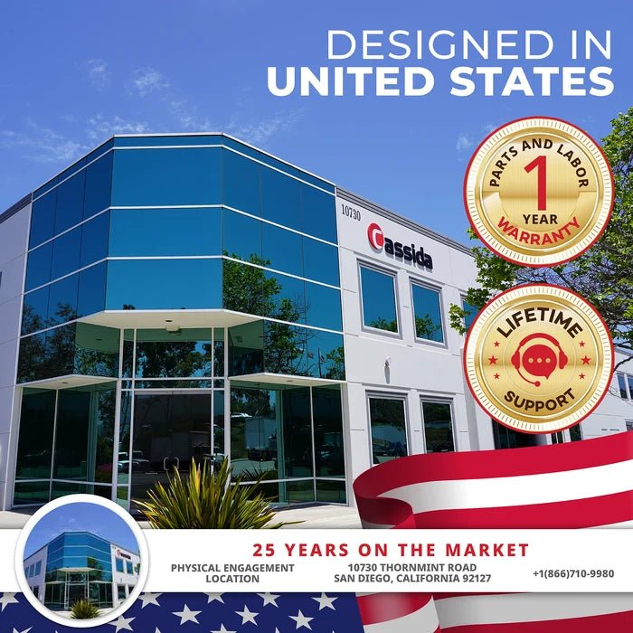 Cassida San Diego headquarters with 1-year warranty and lifetime support badges for 25 years of USA-designed counters