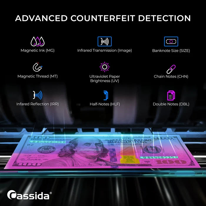 Cassida CRS 7500 advanced counterfeit detection with UV, magnetic, infrared, size, chain, half-note, and double-note sensors