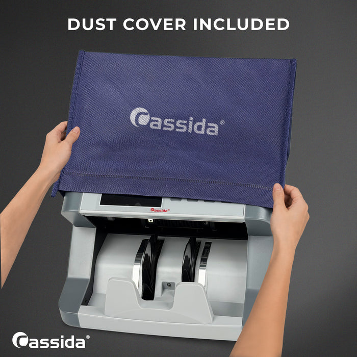Cassida CRS 6200 bill counter with included blue Cassida-branded dust cover being removed for storage protection