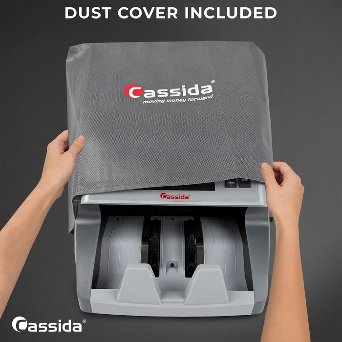 Cassida CRS 7500 with the included Cassida-branded dust cover being placed over the counter for protection