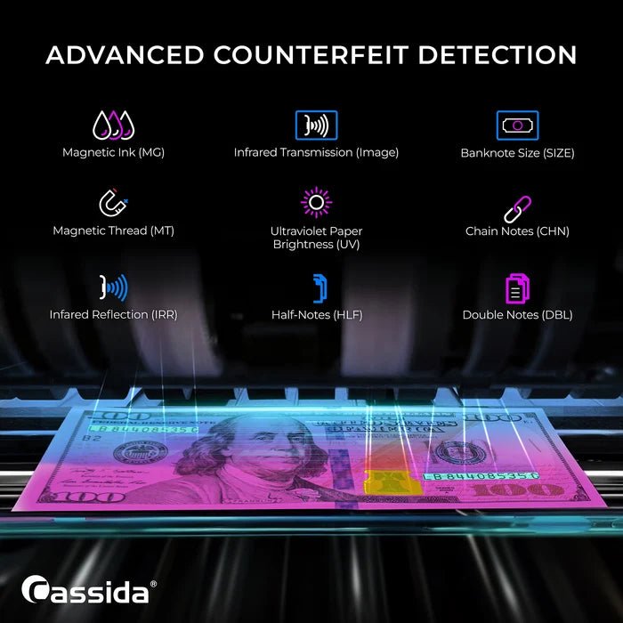 Cassida CRS 7200 advanced counterfeit detection with UV, magnetic, infrared, size, chain, half-note, and double-note sensors