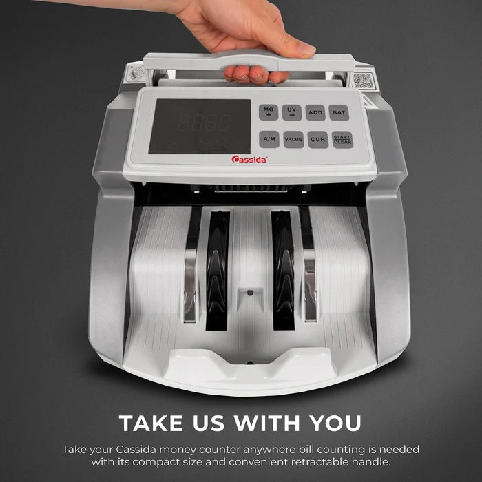 Cassida CRS 1000 carried by its retractable handle in the Take Us With You compact portability marketing infographic