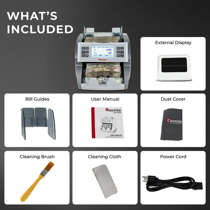 Cassida CRS 7500 what’s included: external display, bill guides, user manual, dust cover, cleaning kit, and power cord