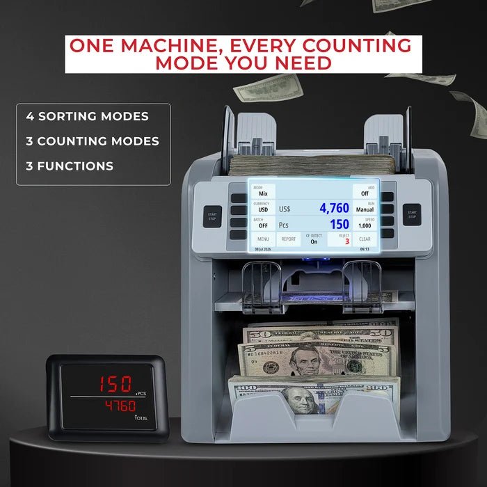 Cassida CRS 9500 mode library diagram showing 4 sorting modes, 3 counting modes, and 3 overlay counting functions