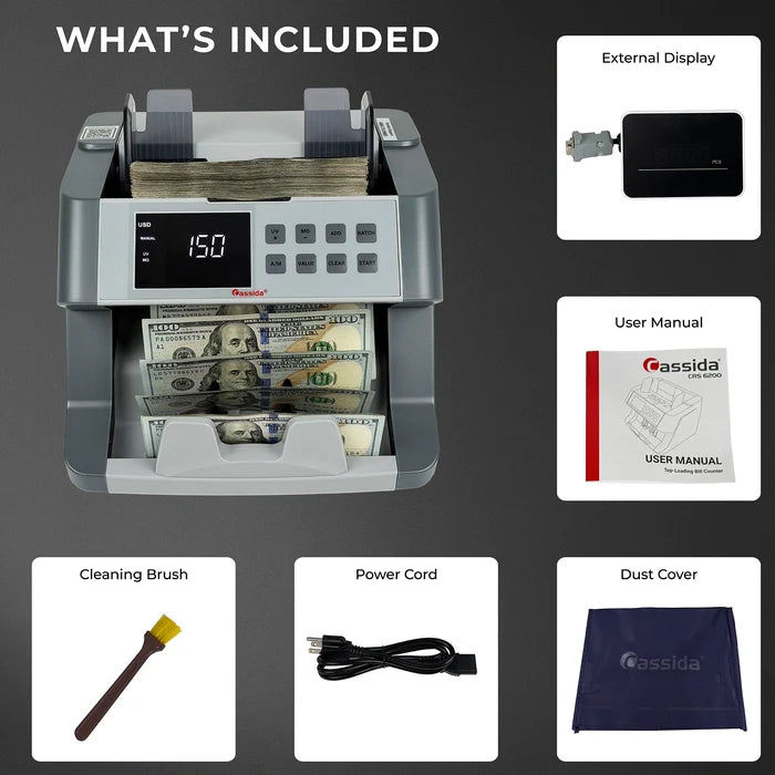 Cassida CRS 6200 included accessories: counter, external display, user manual, cleaning brush, power cord, and dust cover