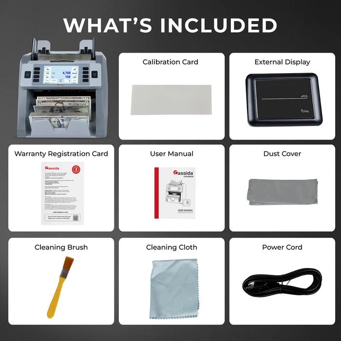 Cassida CRS 8500 what’s included: external display, calibration card, warranty card, user manual, dust cover, cleaning kit
