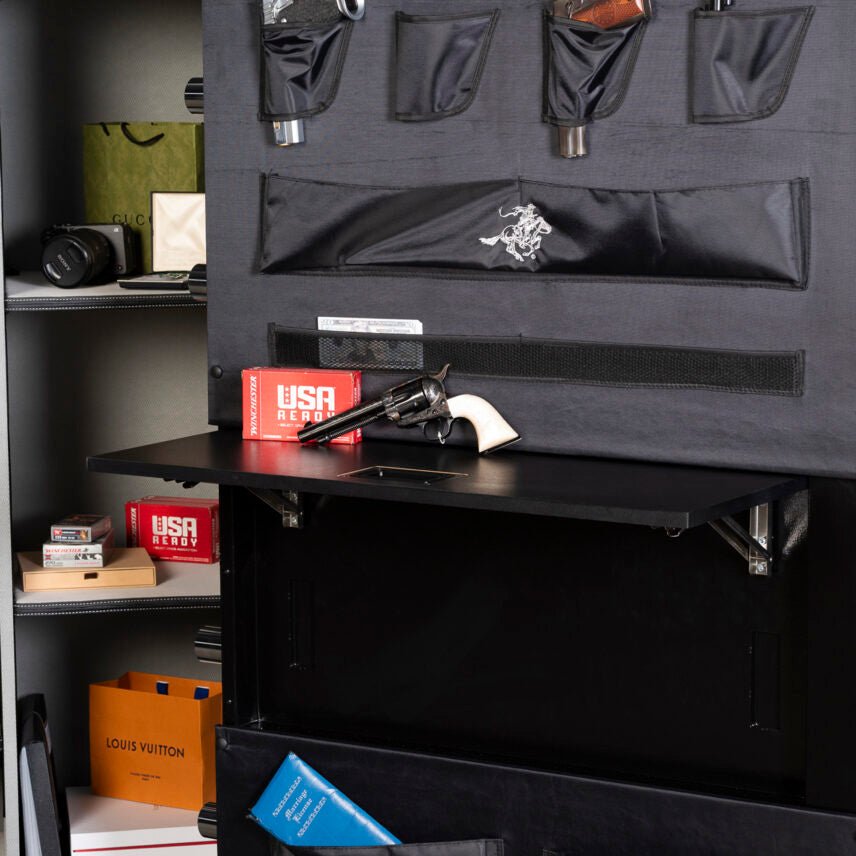 Close-up of the Winchester Legacy 62 Utility Shelf with a Winchester ammo box and single-action revolver on the shelf