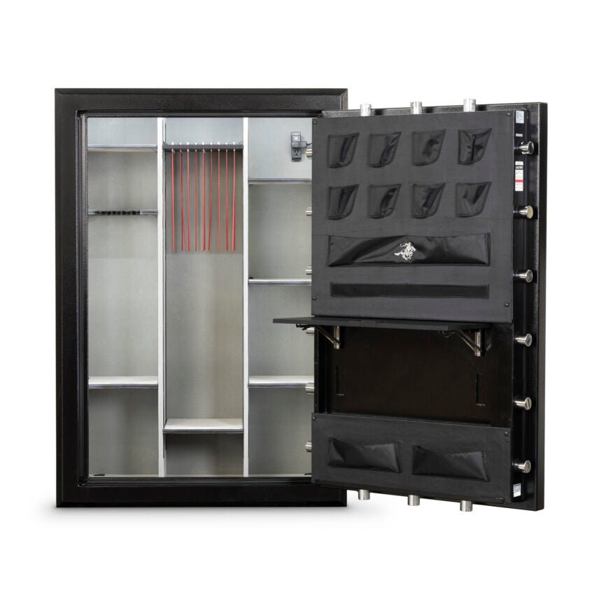 Winchester Legacy 62 Black with the door open, showing the empty interior, GunStiXX vertical storage, and door organizer