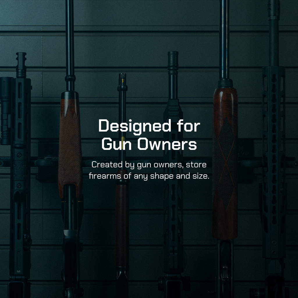Wall-mounted gun rack with text 'Designed for Gun Owners' on a dark background
