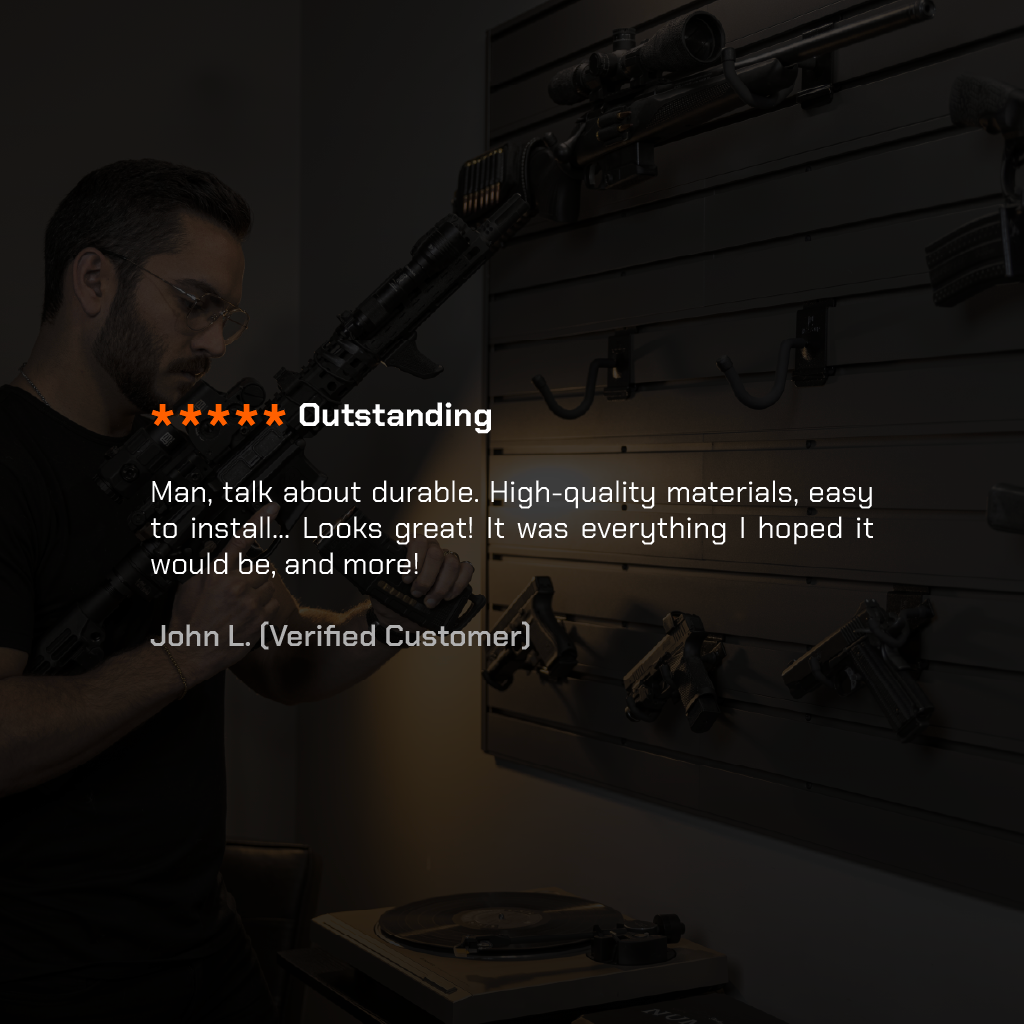 Person installing a wall-mounted tool organizer with a customer review overlay.