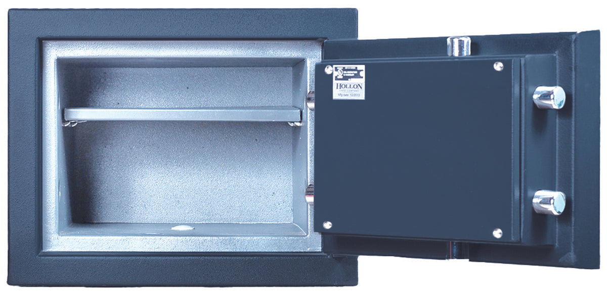 Hollon MJ-1014 TL-30 safe with door open showing one adjustable shelf, two chrome locking bolts, and interior UL nameplate
