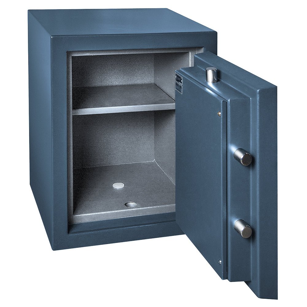 Hollon MJ-1814 TL-30 safe with door open, showing two chrome bolts, adjustable shelf, and pre-drilled bolt-down hole