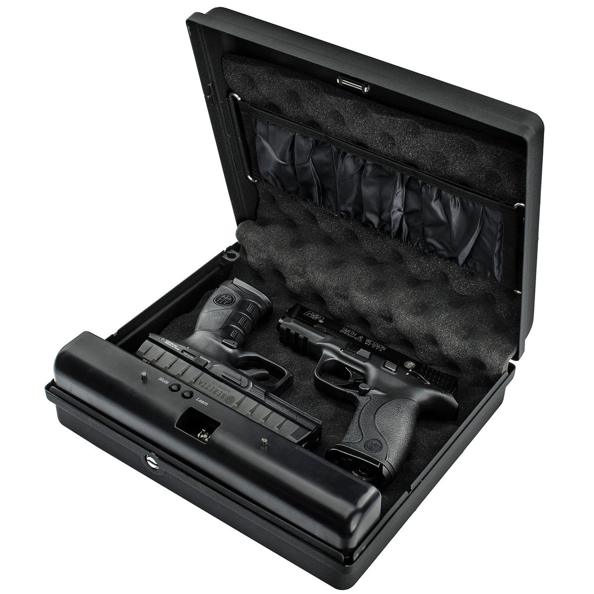 GunVault MV1050-19 MicroVault XL Quick Access Handgun Safe Door Open with Two Handguns