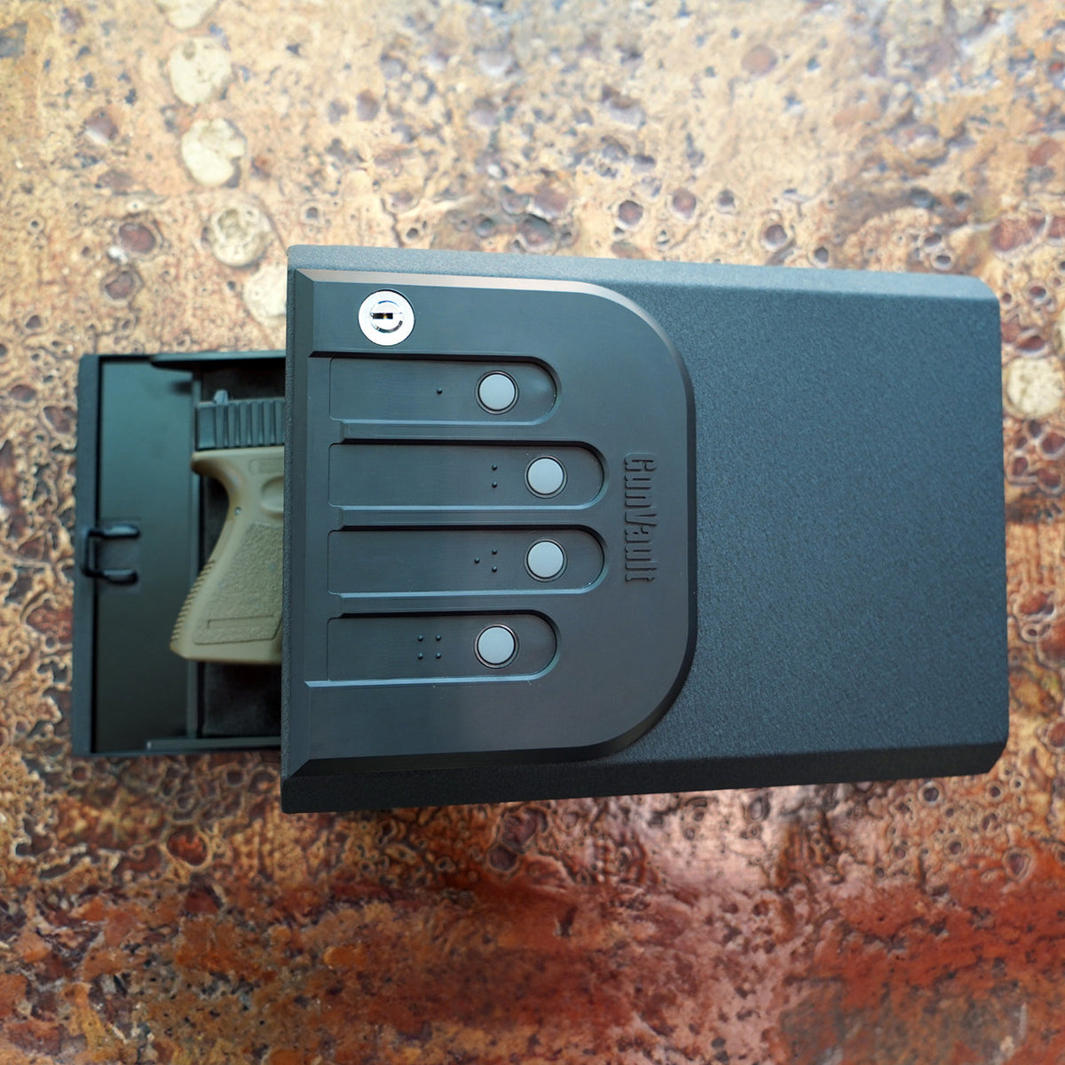 GunVault GV1050-19 MiniVault Handgun Safe On Desk Door Open