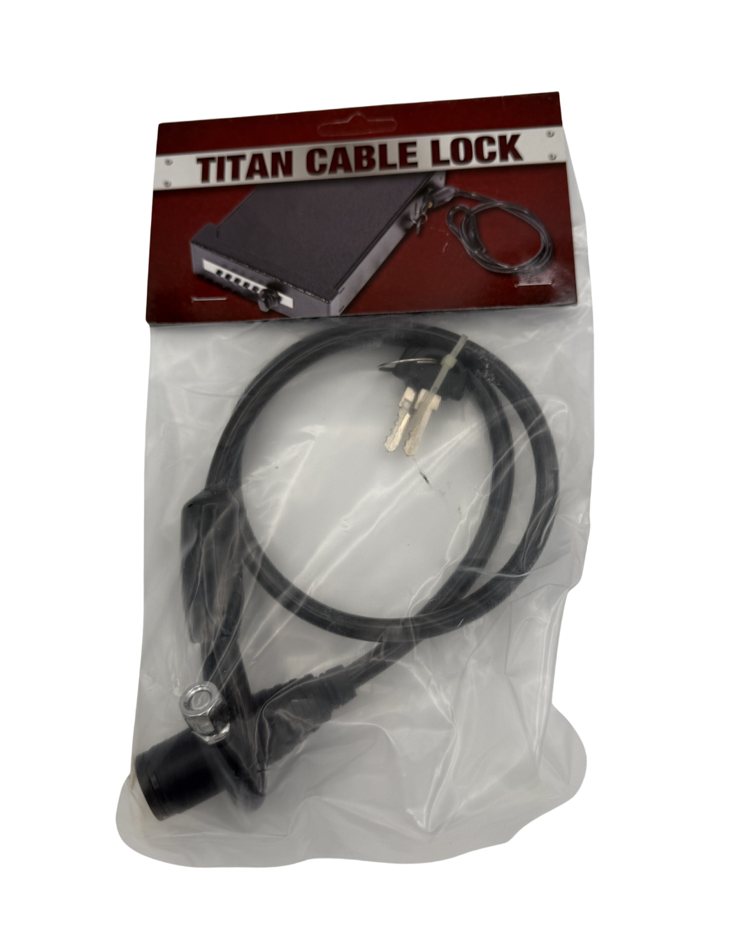Titan Cable Lock in retail packaging with red header card showing the cable lock attached to a Titan pistol vault, clear plastic bag with the coiled black steel cable, mounting hardware, and two keys visible inside