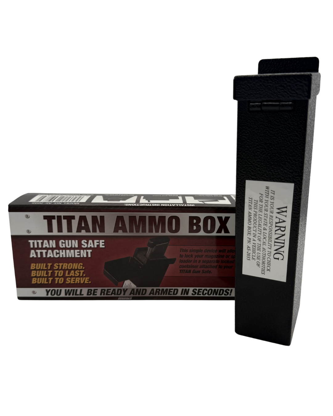 Titan A-Box retail packaging shown alongside the product, with the burgundy Titan Ammo Box display box branded Titan Gun Safe Attachment on the left and the black steel A-Box unit with warning label and part number AS-2035 on the right