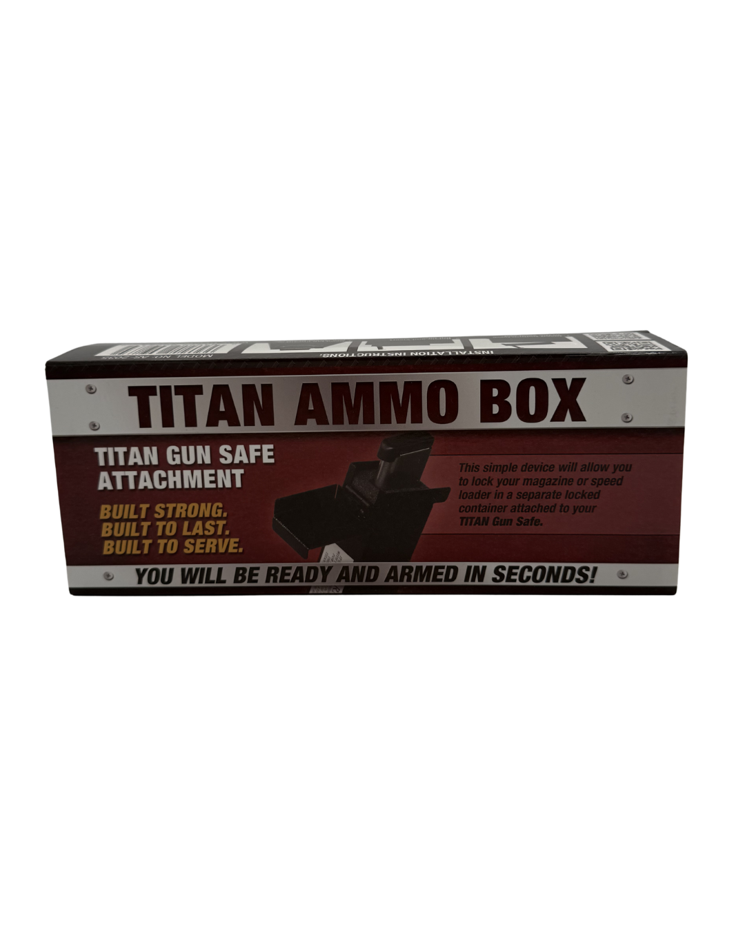 Titan A-Box retail packaging in burgundy with white and gold text reading Titan Ammo Box, Titan Gun Safe Attachment, Built Strong Built to Last Built to Serve, You Will Be Ready and Armed in Seconds