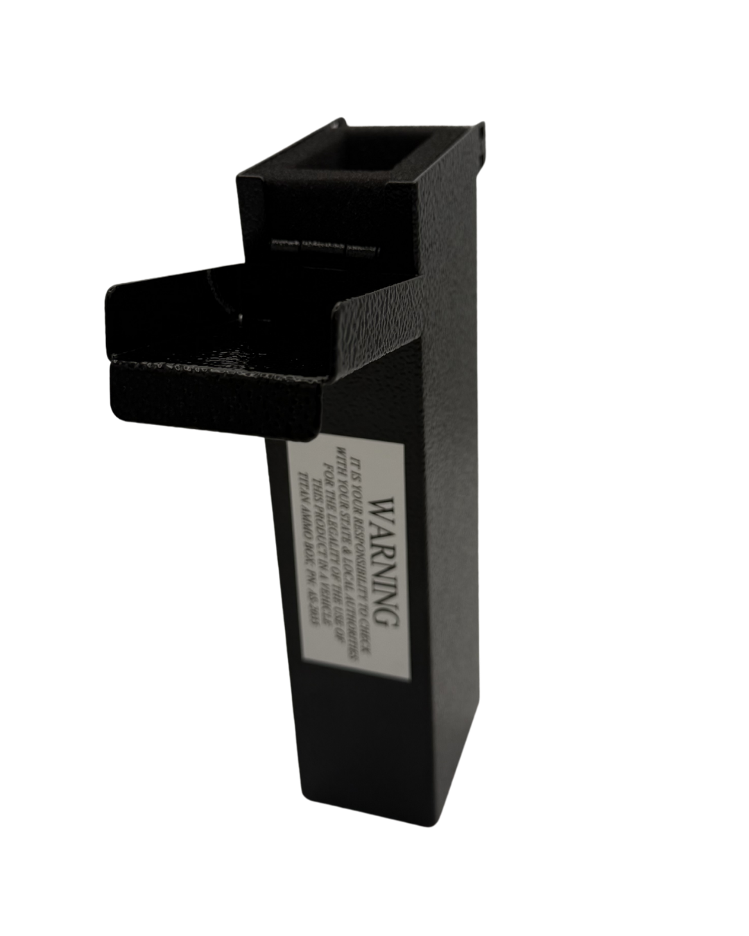 Titan A-Box locked ammunition storage module in black shown from an elevated angle with empty interior compartment visible, side-mounted bracket for attaching to a Titan Pistol Vault or Compact Vault, and compliance warning label on the front