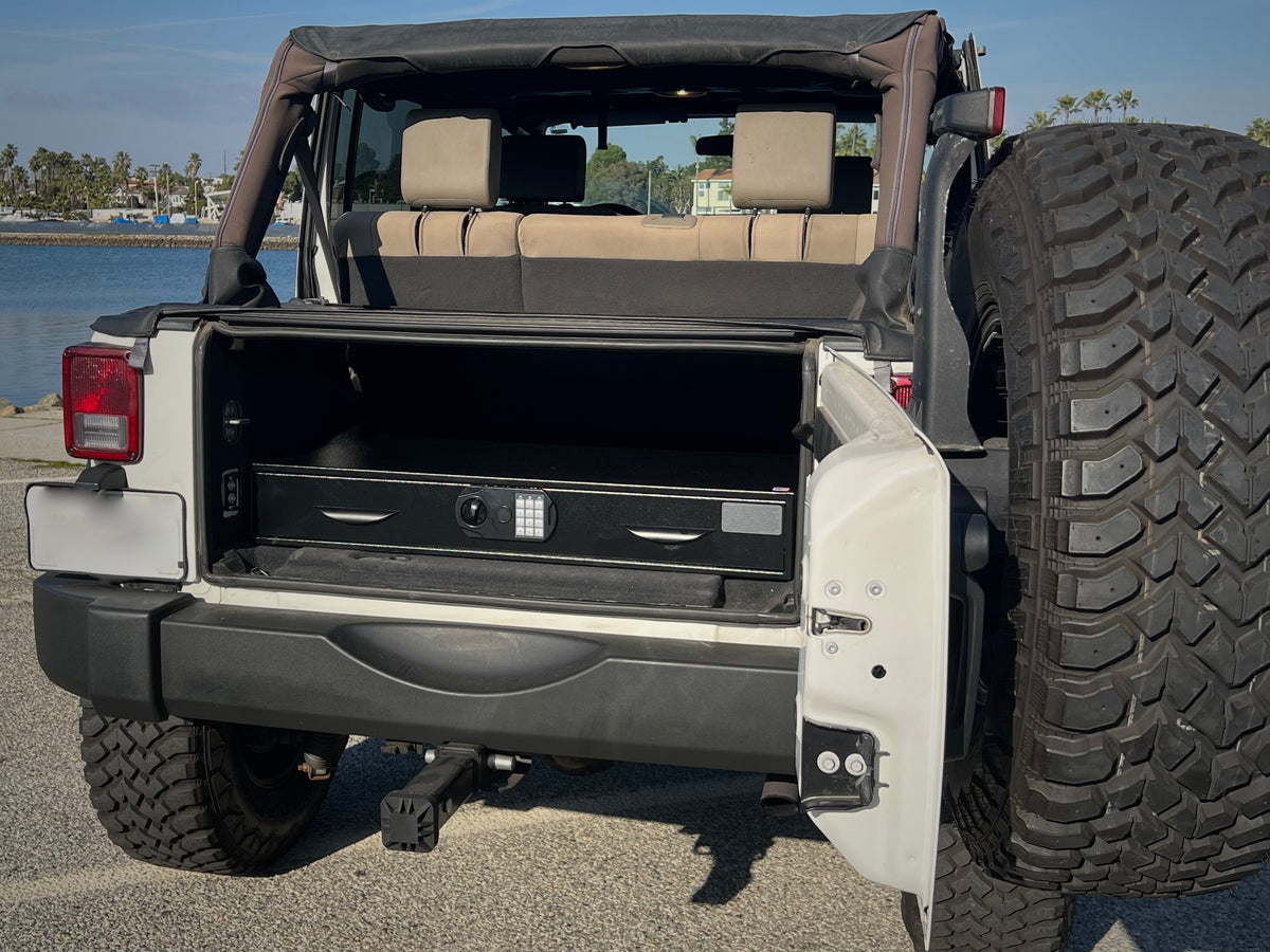 Monster Vault Compact Under Bed Gun Safe In Back of Jeep