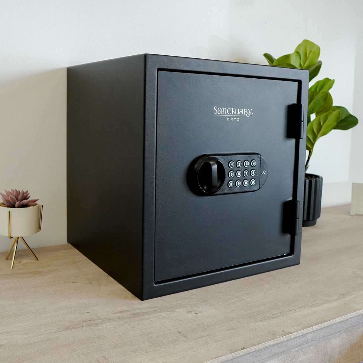 Sports Afield SA-ONYX3 Home & Office Fireproof Safe On Dresser next to plants