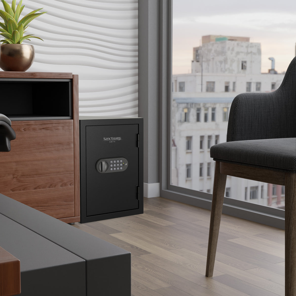 Sports Afield SA-ONYX3 Home & Office Fireproof Safe next to table in office