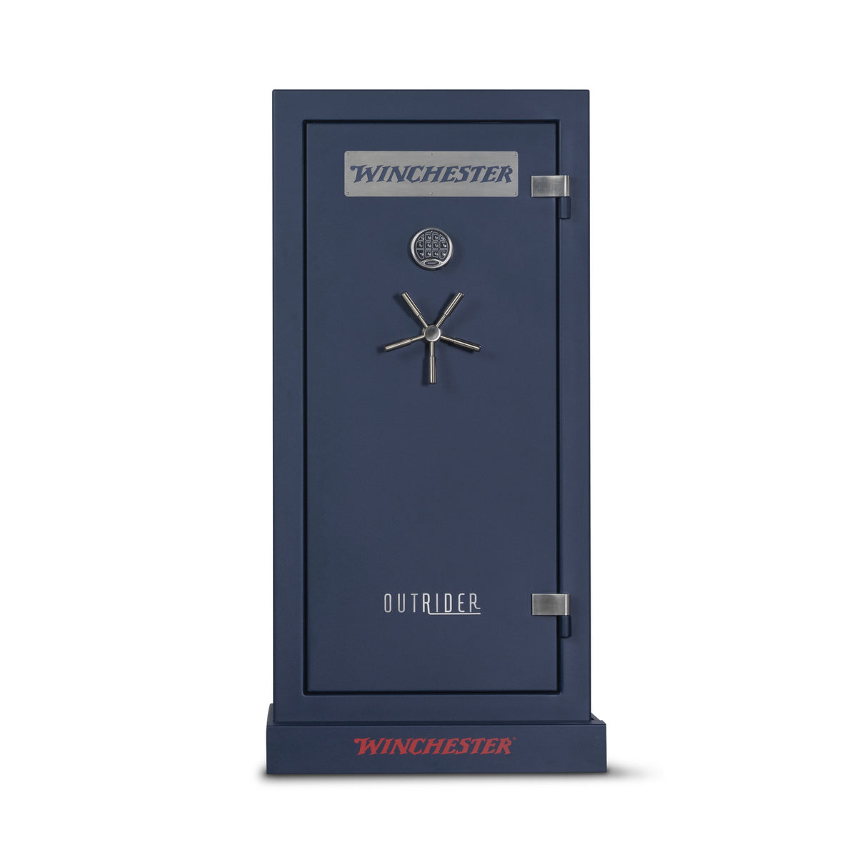Winchester Outrider 25 gun safe in Midnight Blue finish with 5-spoke brushed chrome handle and electronic lock keypad