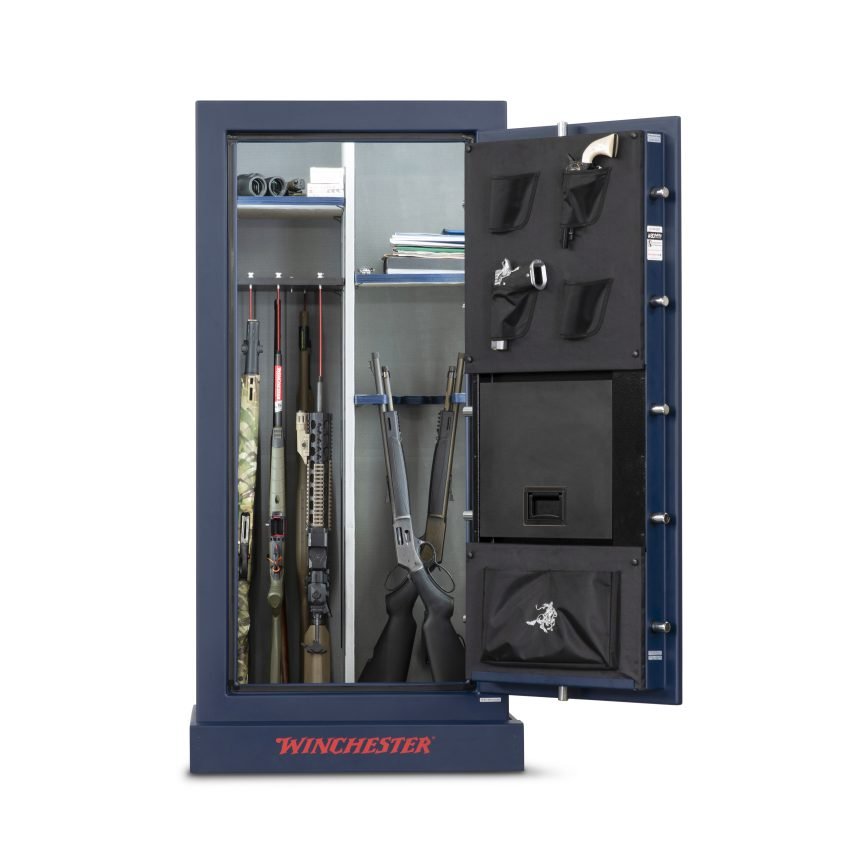 Winchester Outrider 25 open showing up to 35 long guns in the U-shaped barrel rack with door panel pistol organizer