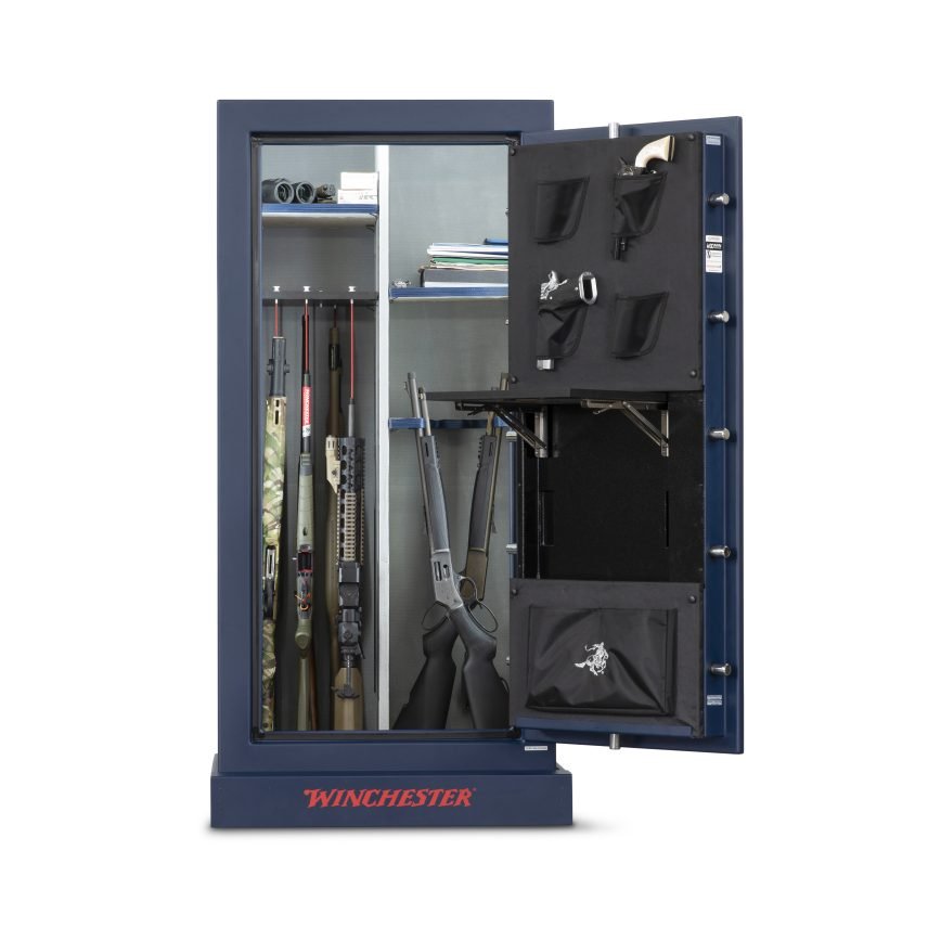 Winchester Outrider 25 open with the retractable utility shelf extended for in-safe inspection and gear work