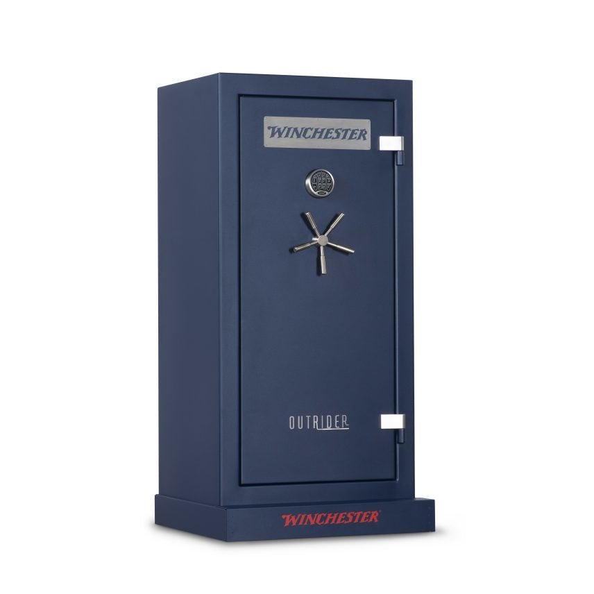 Angled front view of the Winchester Outrider 25 in Midnight Blue showing the OUTRIDER door badge and Winchester base