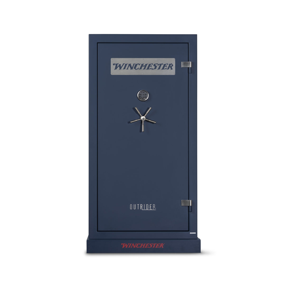 Winchester Outrider 41 gun safe in Midnight Blue finish with 5-spoke brushed chrome handle and electronic lock keypad