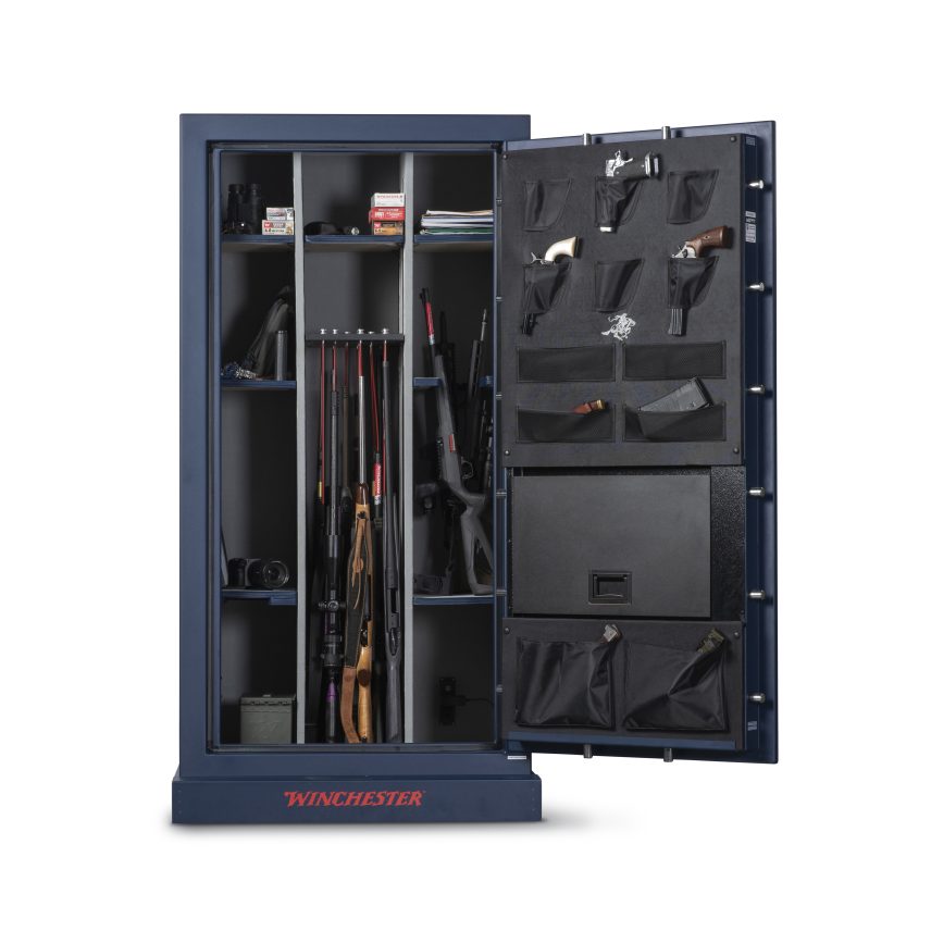 Winchester Outrider 41 open and fully loaded with long guns, scoped rifles, and pistols in the door panel organizer