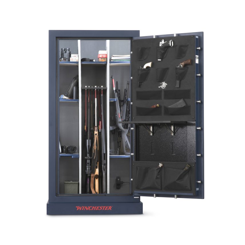 Open Winchester Outrider 41 showing up to 48 long guns in the barrel rack with ammo cubbies and door panel organizer