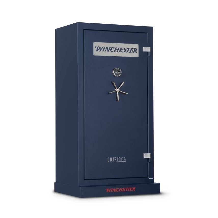 Angled view of the Winchester Outrider 41 Midnight Blue gun safe with the OUTRIDER door badge and Winchester logo plate