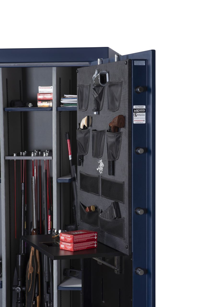Winchester Outrider 41 retractable Utility Shelf extended with Winchester ammo boxes above a scoped rifle in the rack