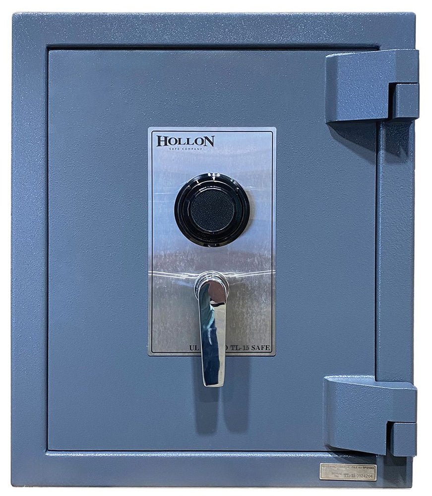 Hollon PM-1814C TL-15 safe front view with mechanical dial lock, chrome handle, and Hollon nameplate on gray textured finish