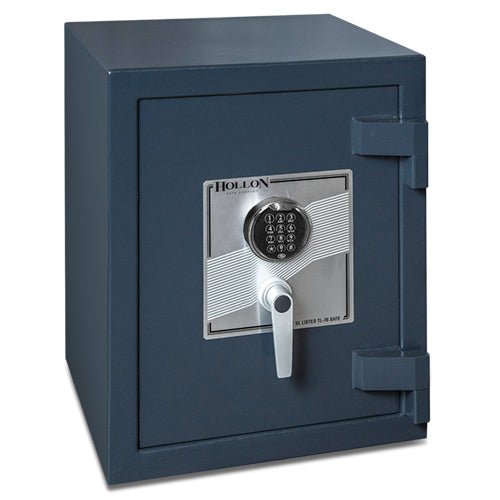 Hollon PM-2819E TL-15 safe front with dark grey finish, Hollon nameplate, electronic keypad, and chrome L-handle