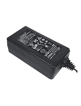 Contacta PS-55 power supply, black ABS plastic brick with 14V DC output cable and Level VI compliance markings
