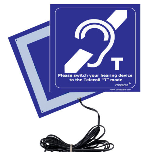 Contacta IL-AE98 hearing loop aerial and blue Telecoil T mode sign shown with the transparent backing panel and cable