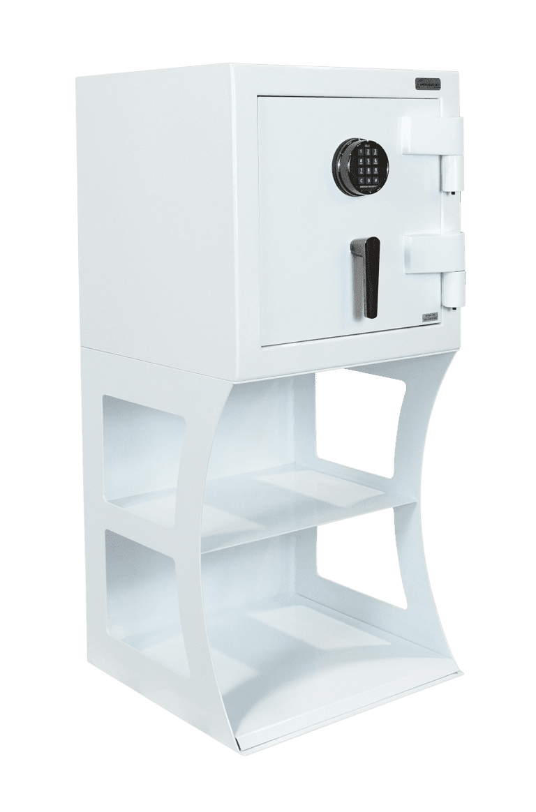 Compact jewelry safe shown on optional pedestal