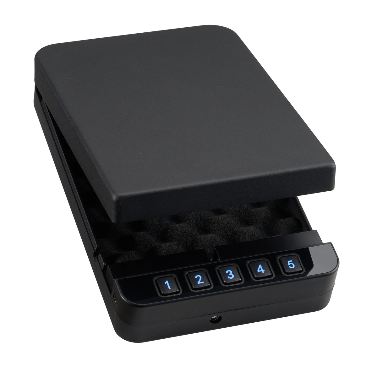 RPNB RP2019 portable pistol safe with lid slightly open, showing memory foam interior and 5-digit backlit blue keypad