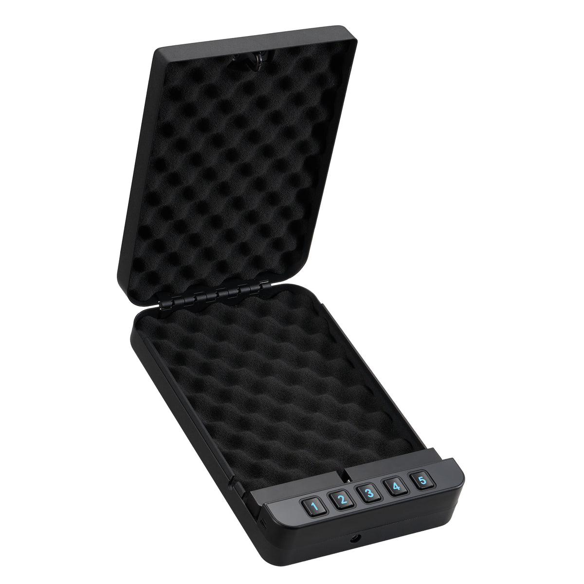 RPNB RP2019 pistol safe fully open, showing memory foam lining on both lid and base plus the 5-digit backlit keypad