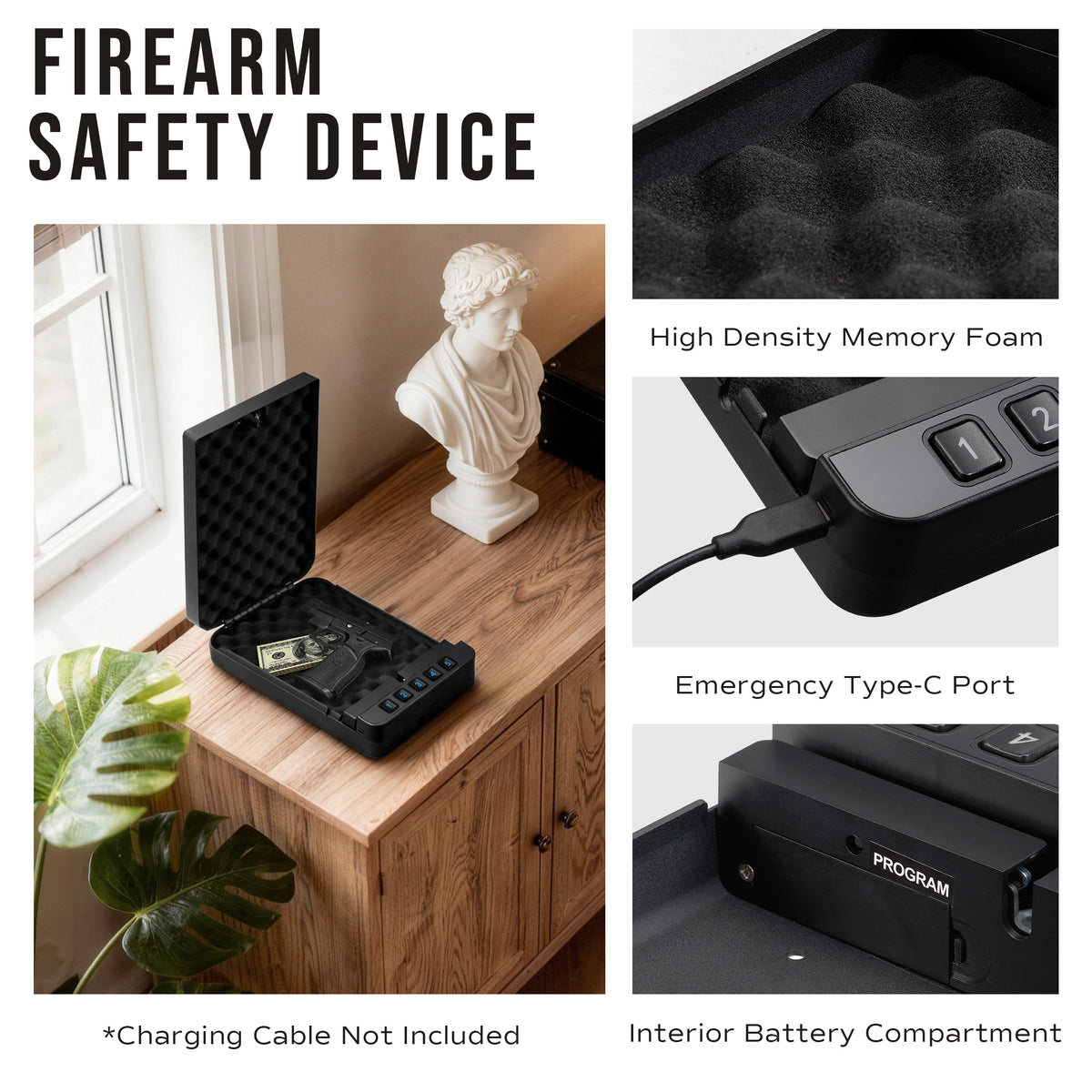 RPNB RP2019 firearm safety device panel showing memory foam interior, USB Type-C emergency power port, and battery compartment