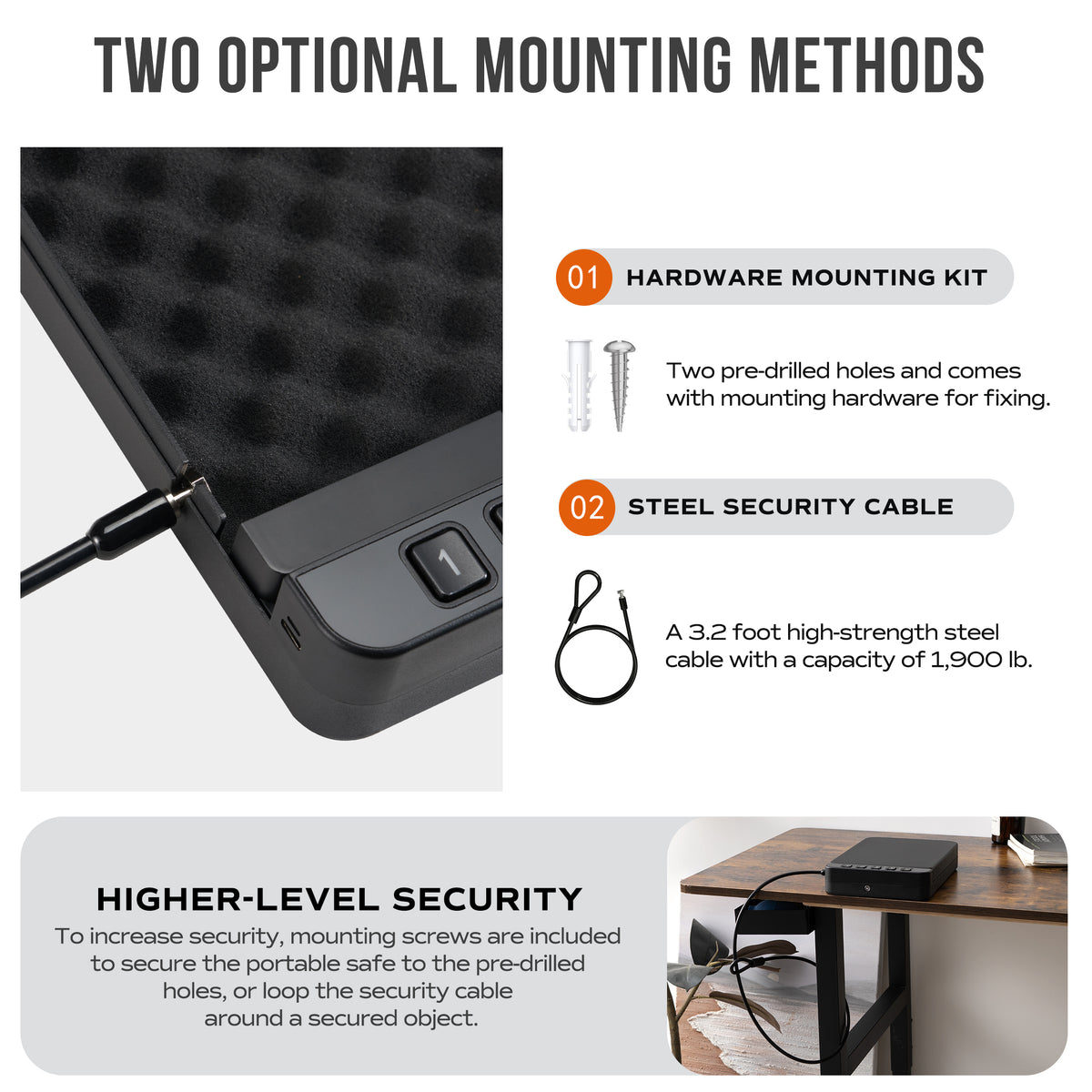 RPNB RP2019 pistol safe mounting options: hardware kit with pre-drilled holes and 3.2 foot steel security cable rated to 1,900 pounds